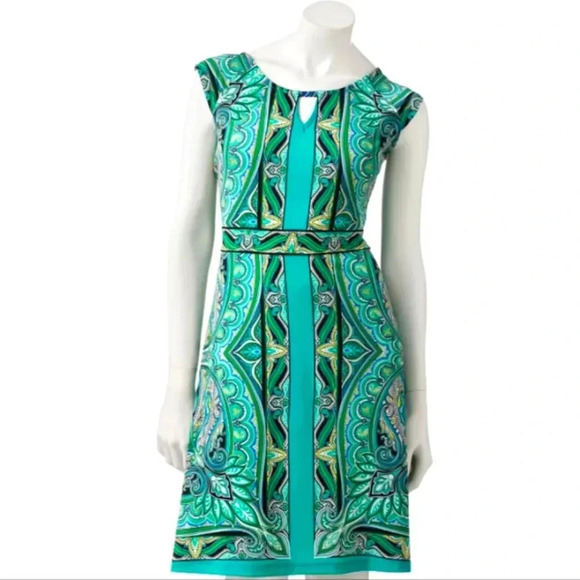 Apt. 9 Scroll Keyhole, Green Symmetrical Paisley Pattern Dress, Zipper, Size M - Picture 1 of 2